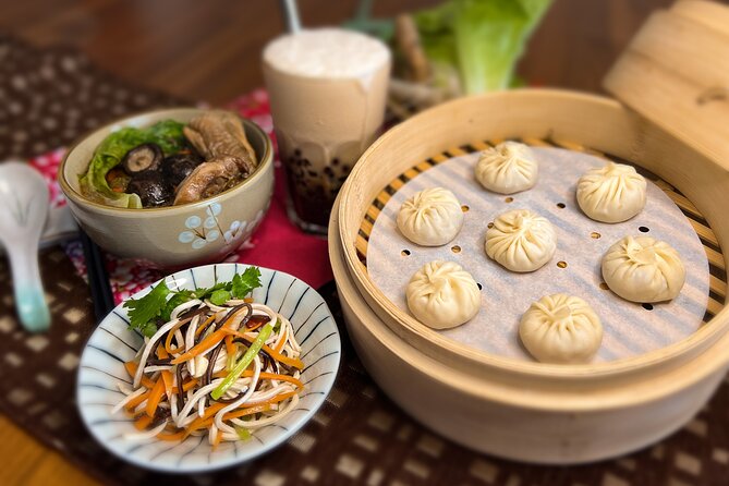 Taiwan Traditional Delicacies Experience, Xiao Long Bao, Chicken vermicelli with mushroom and sesame oil, Tofu strips salad, Bubble milk tea. - Sun Yat Sen Memorial Hall, A Sight Stop That Adds Local Context